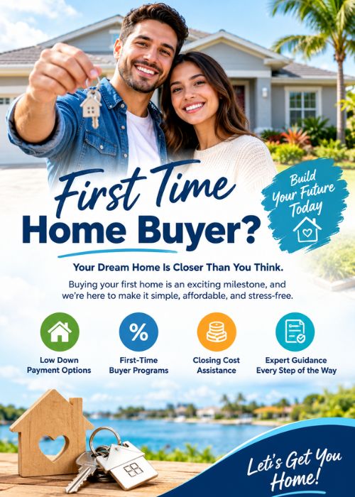 First-time home buyer couple holding house keys in front of a Florida home with home buying assistance options